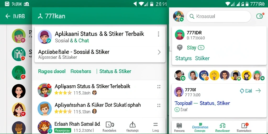 Antarmuka aplikasi 777IDR dengan berbagai pilihan stiker dan status.